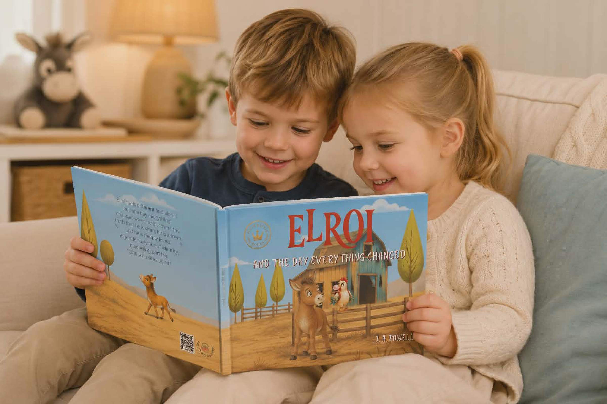 Children reading Elroi and the Day Everything Changed, a donkey picture book by J.A. Powell
