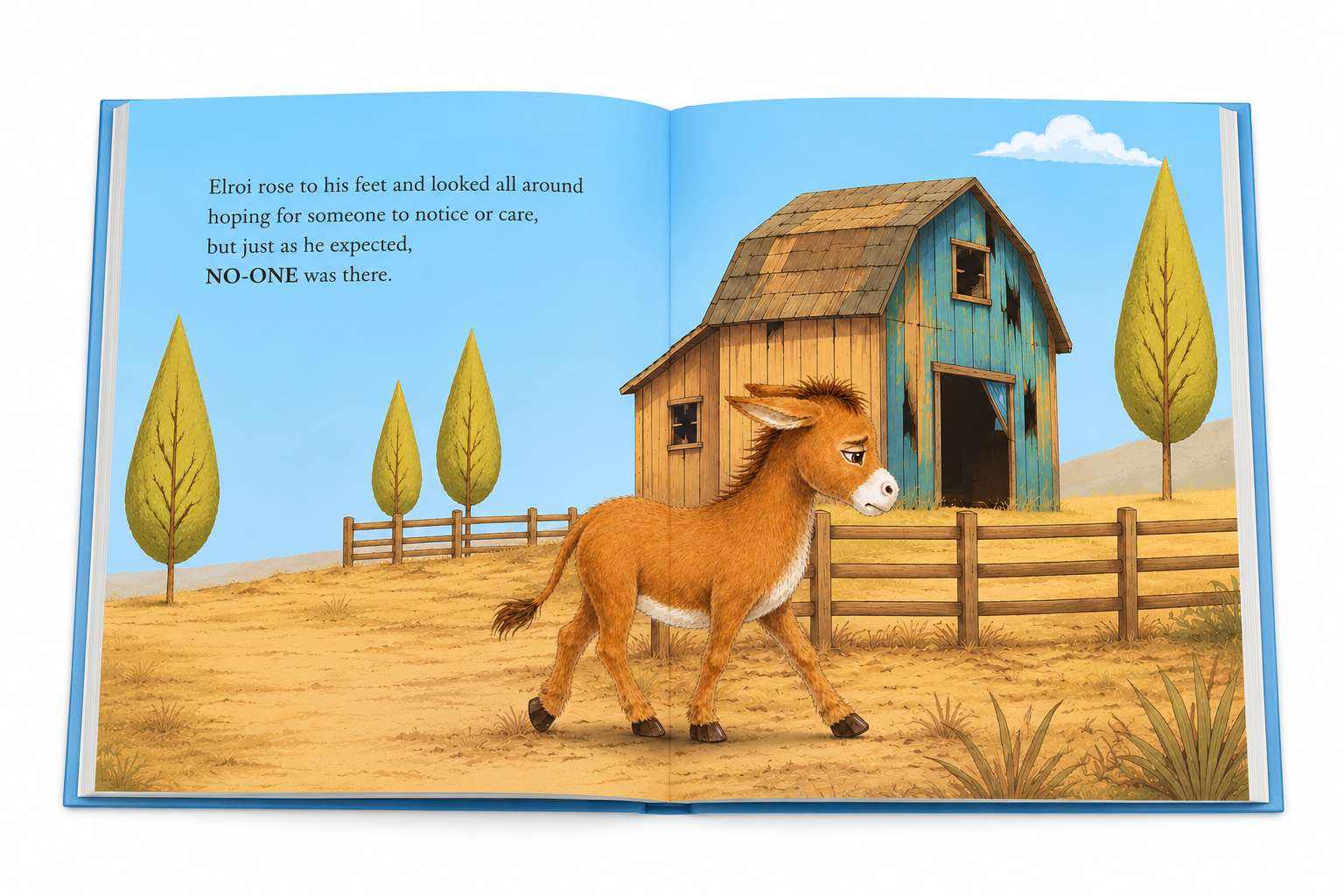 Open-book preview of Elroi the donkey alone beside the blue barn