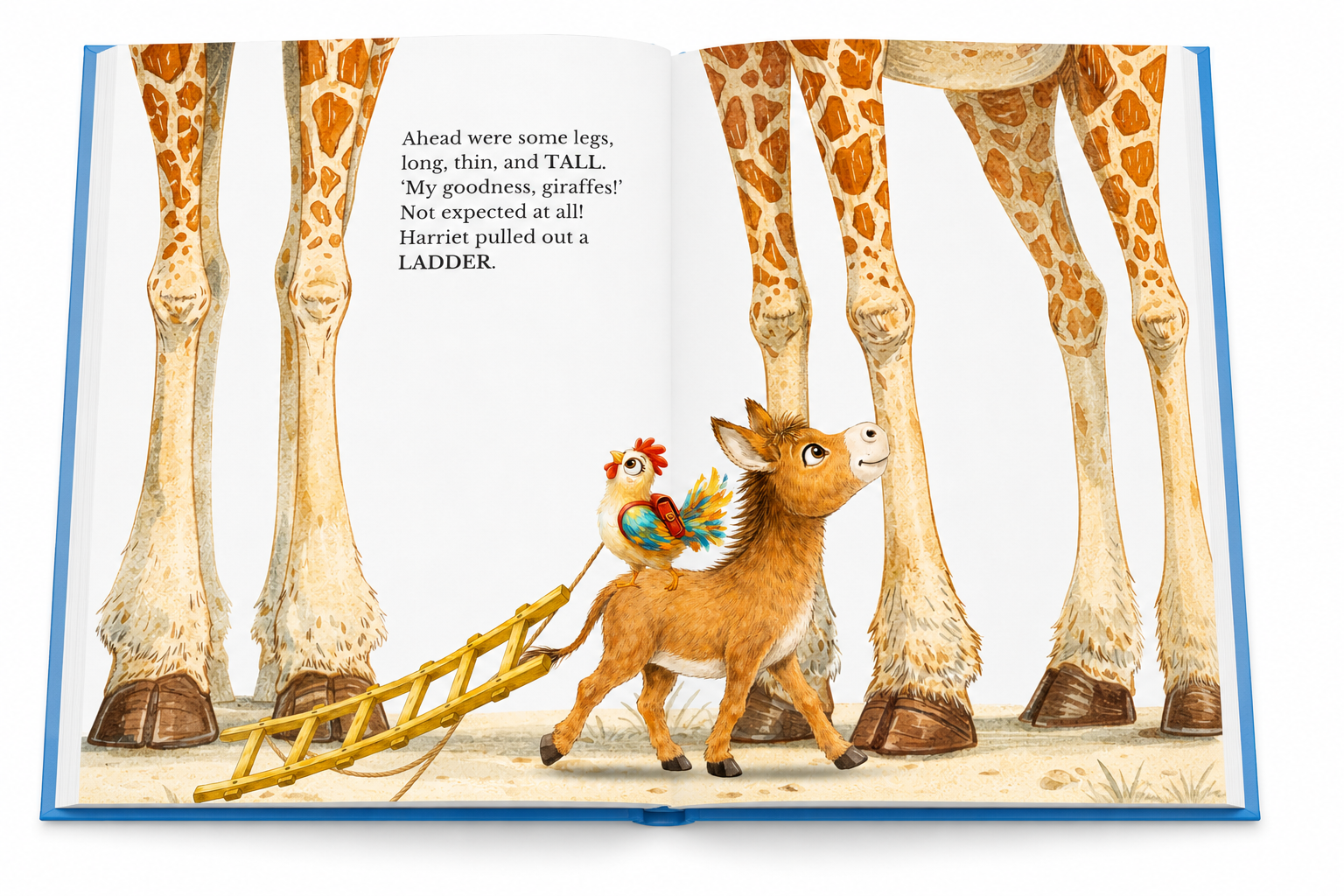 Open-book preview from the children's picture book showing Elroi, Harriet, giraffe legs and a ladder