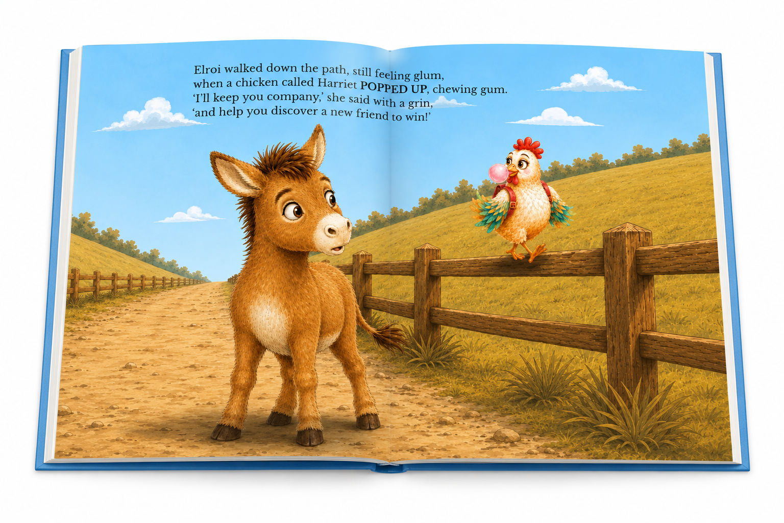 Open-book preview of Harriet the hen meeting Elroi the donkey