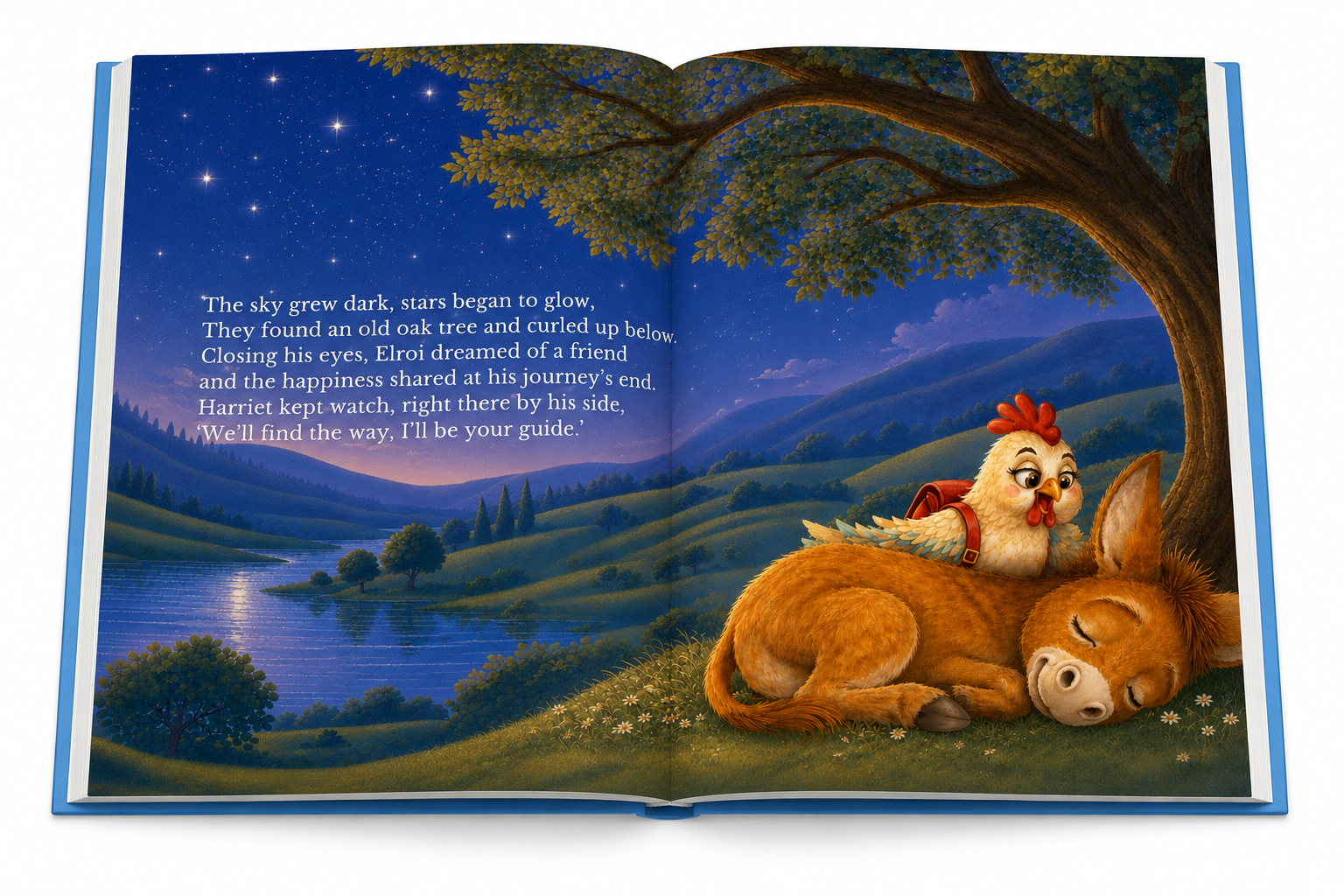 Open-book preview of Elroi the donkey sleeping under an oak tree while Harriet keeps watch