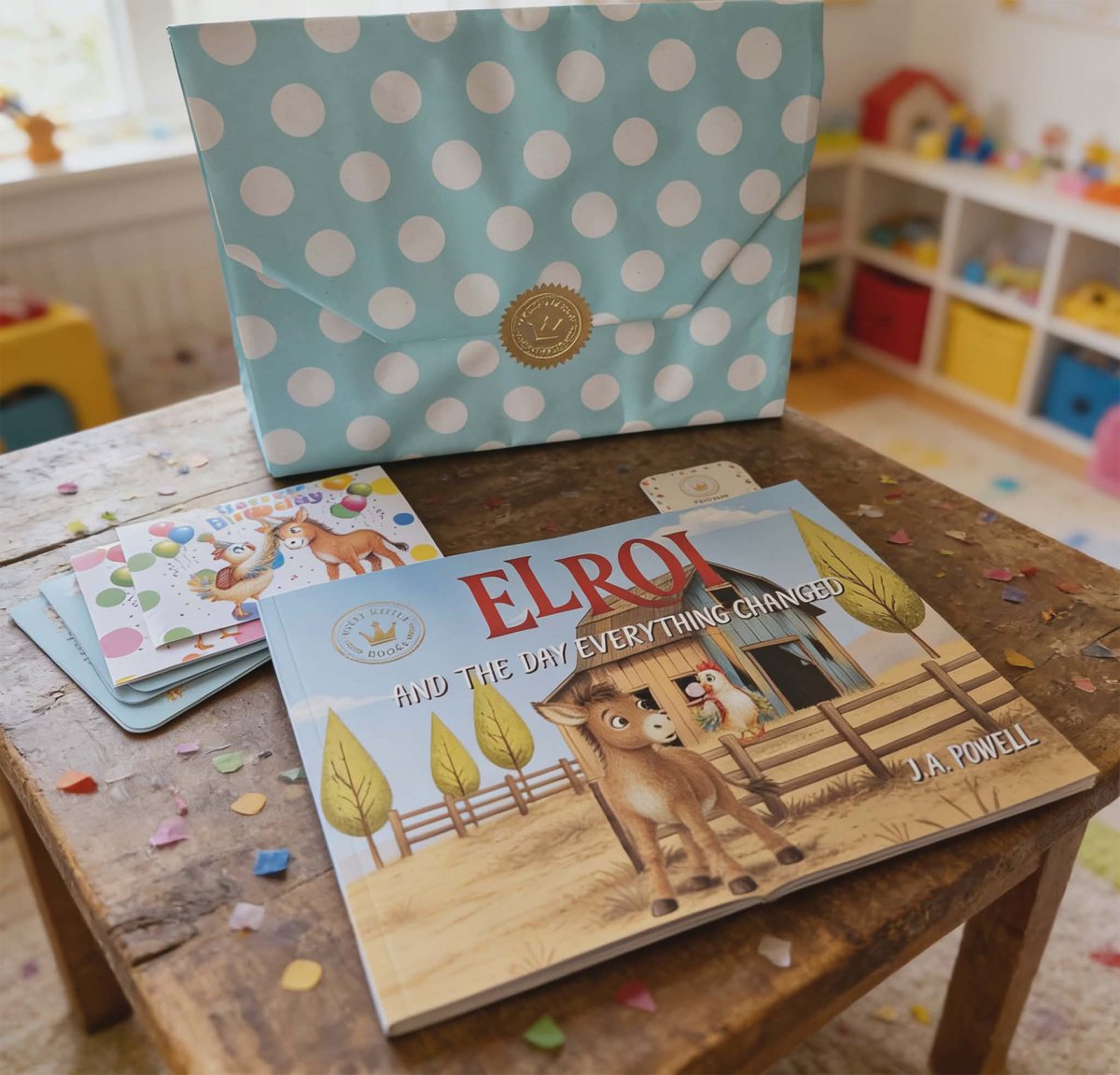 Gift wrapped copy of Elroi and the Day Everything Changed by Polly Kettle Books, beautifully presented and ready to give.