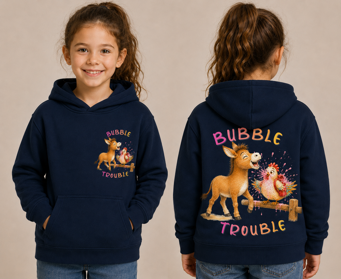 Bubble Trouble navy Elroi hoodie shown from front and back