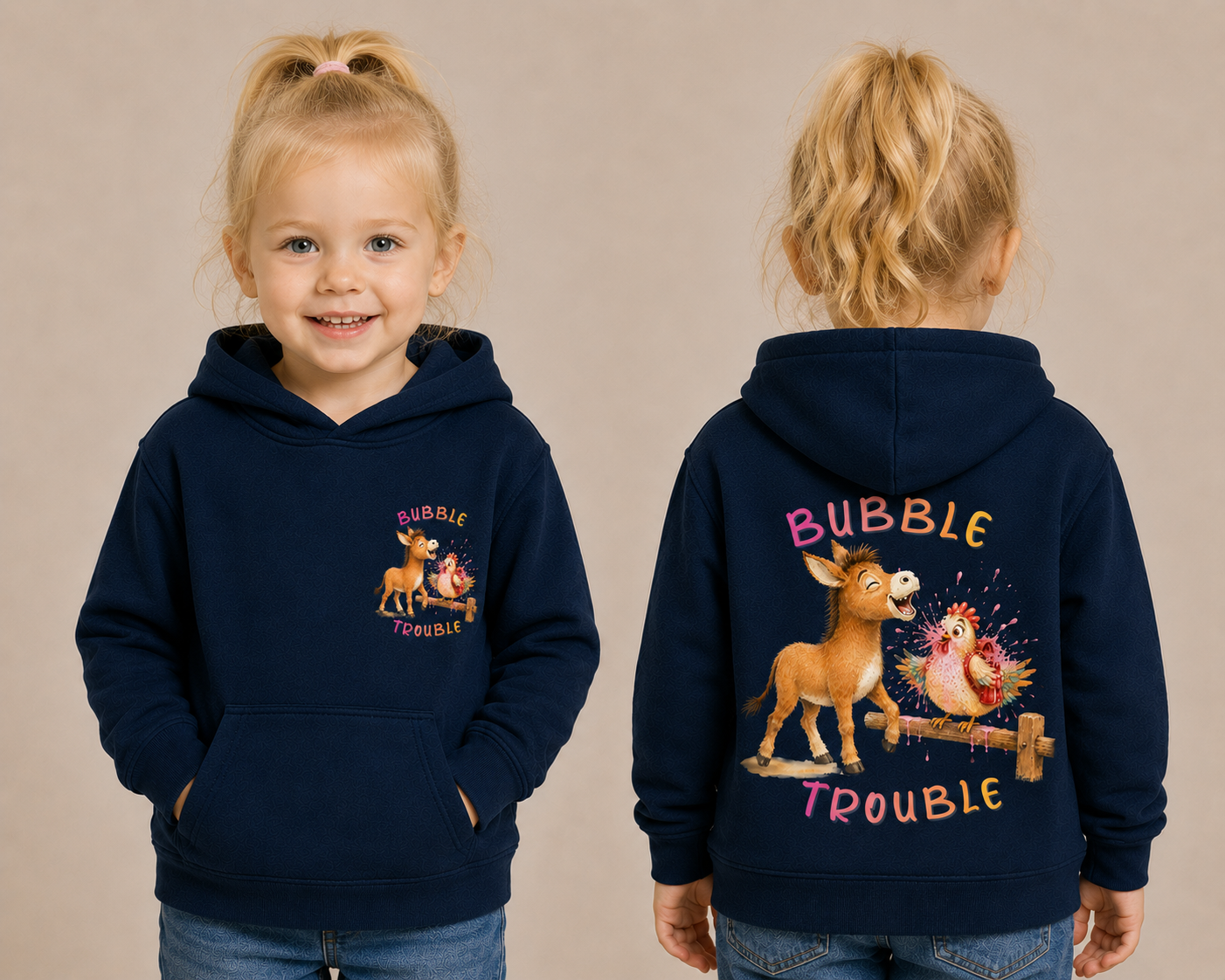 Bubble Trouble navy hoodie mockup front and back