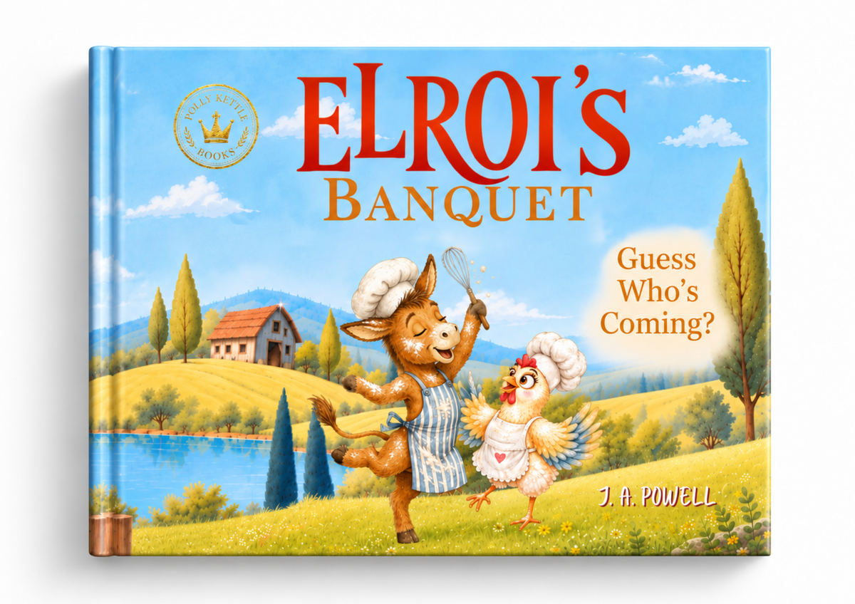 Official hardcover front cover of Elroi’s Banquet — Guess Who’s Coming? by J. A. Powell, featuring Elroi and Harriet dressed as chefs.