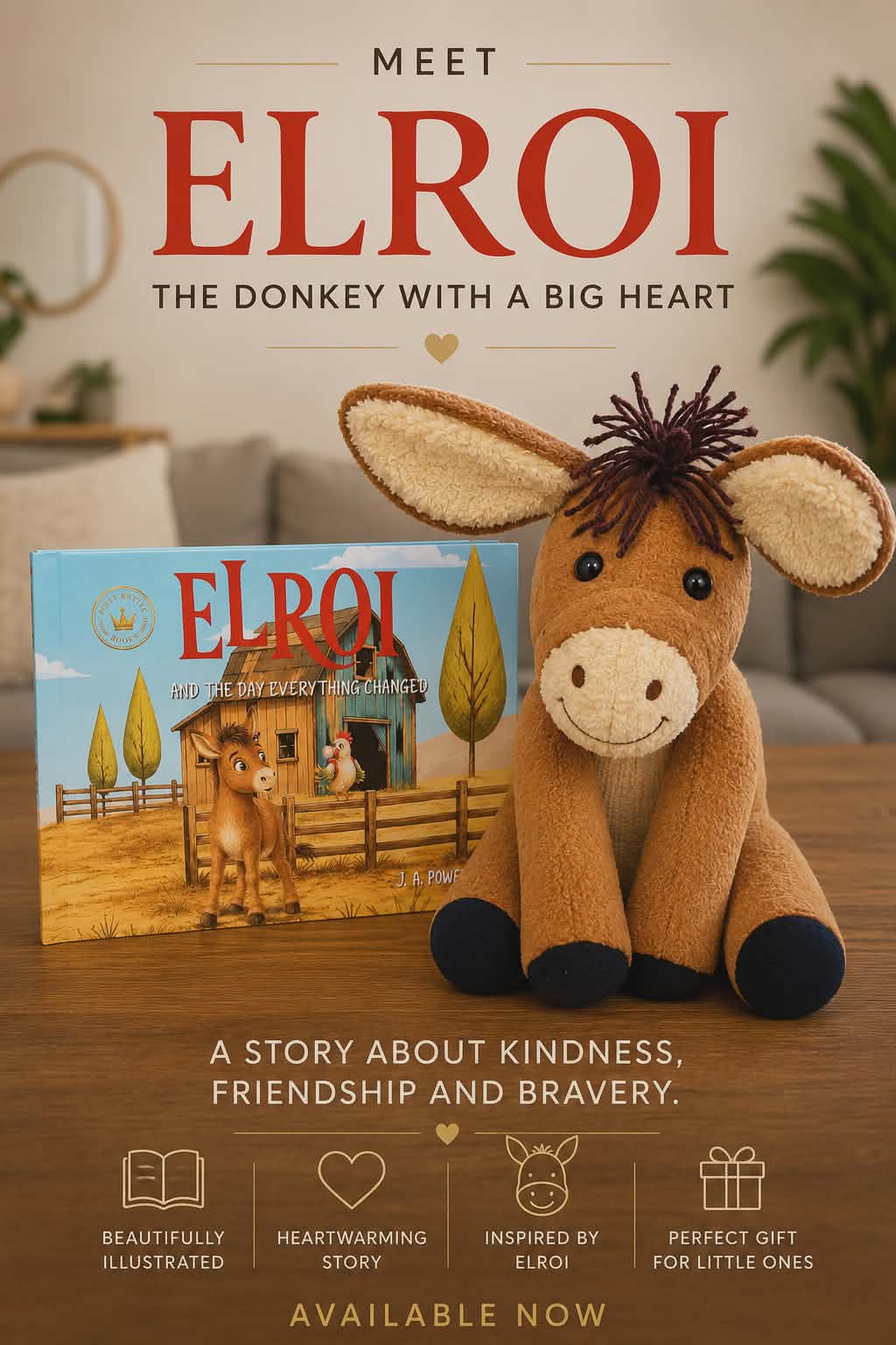 Meet Elroi promotional image with the book and donkey plush