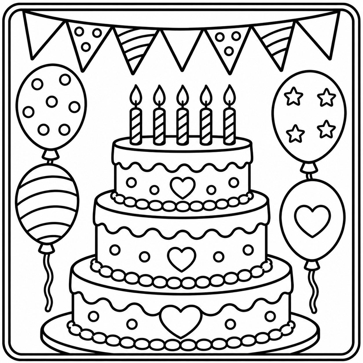 8 x 8 inch colouring page of a birthday cake and balloons