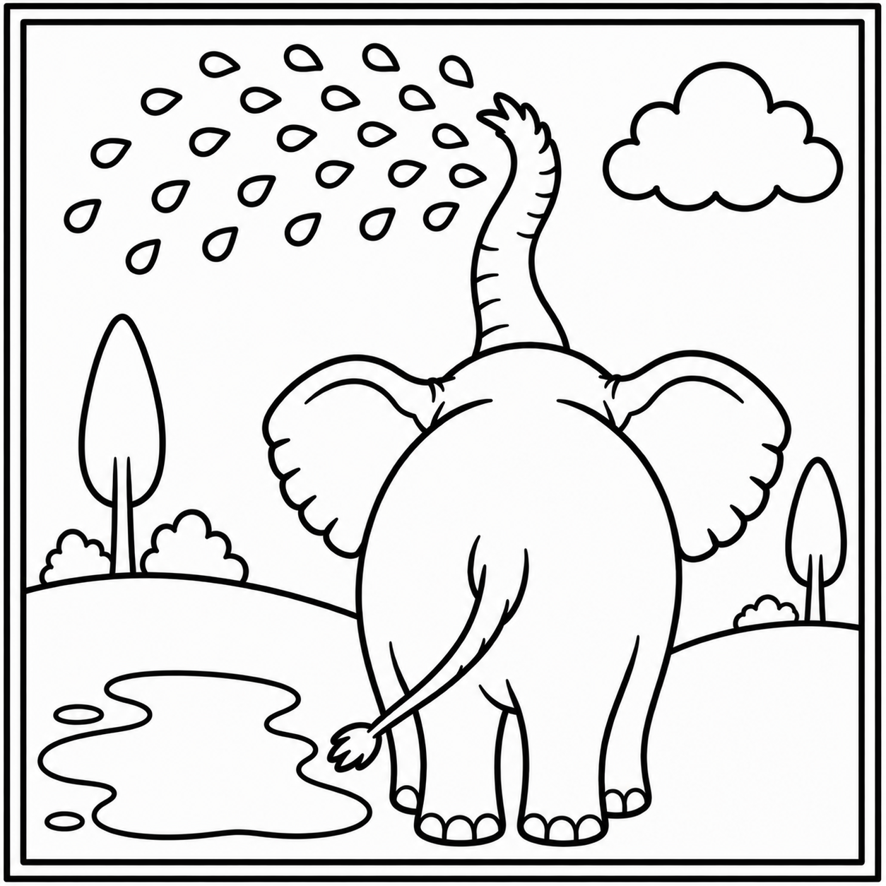 8 x 8 inch colouring page of an elephant spraying water