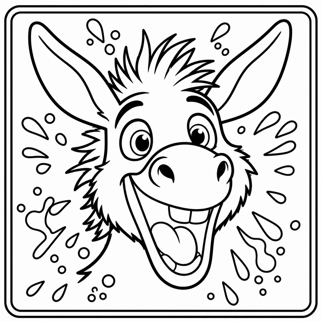 8 x 8 inch colouring page of Elroi laughing with splash marks