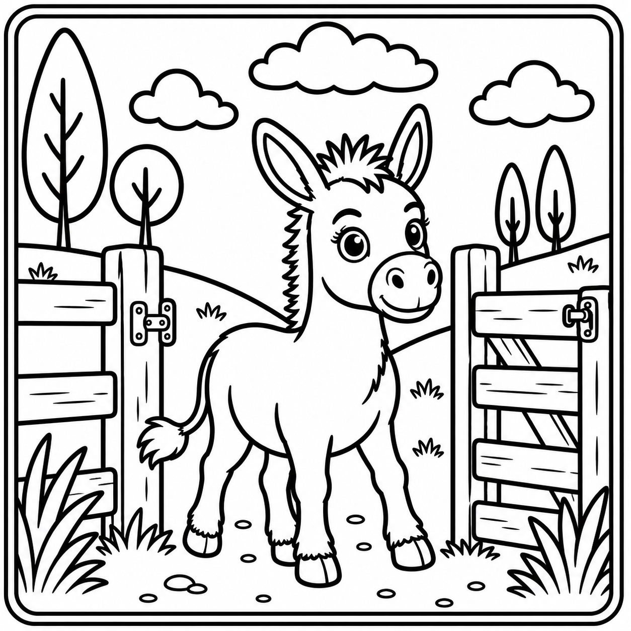 8 x 8 inch colouring page of Elroi standing by a gate
