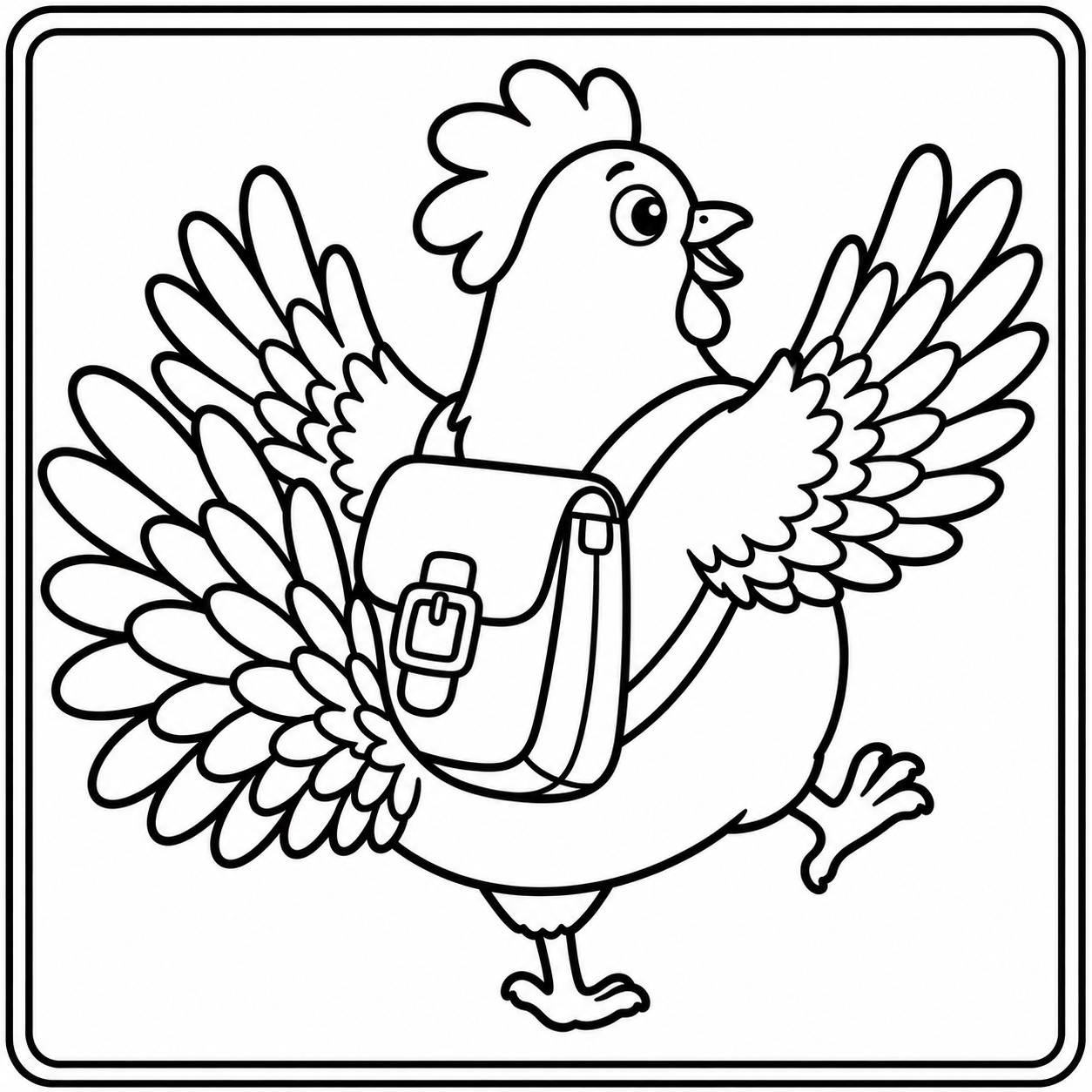 8 x 8 inch colouring page of Harriet with her backpack