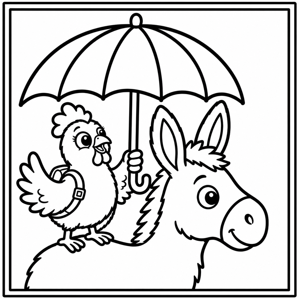 8 x 8 inch colouring page of Harriet holding an umbrella over Elroi
